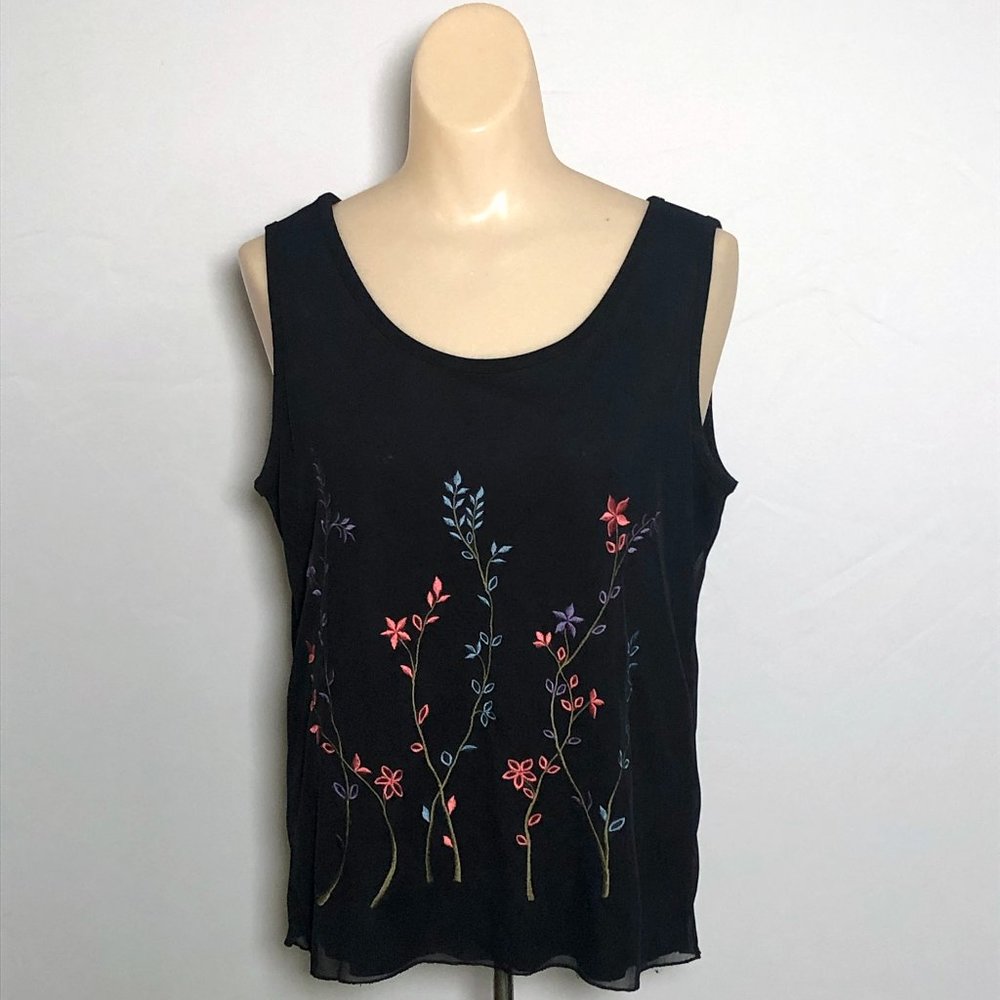 Carole Little sheer lined black embroidered tank/blouse, Womens Medium